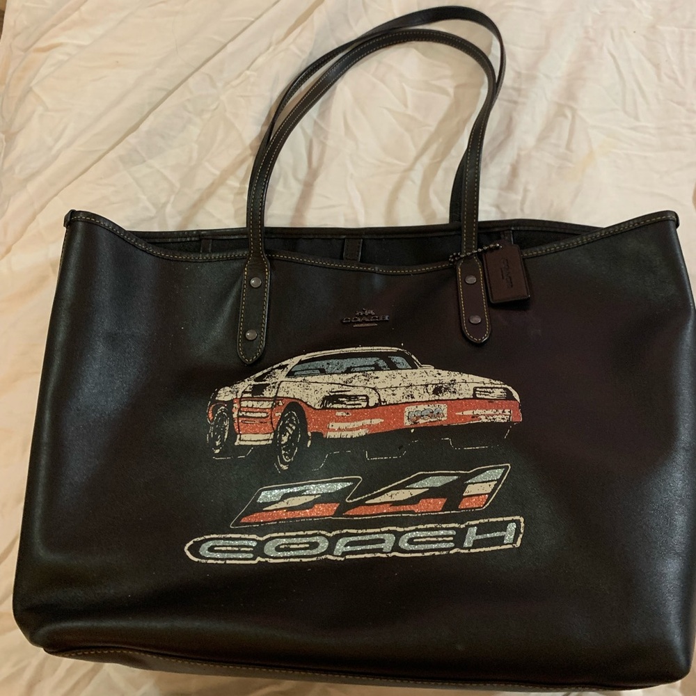 Coach Black Leather City Tote with Car Motif